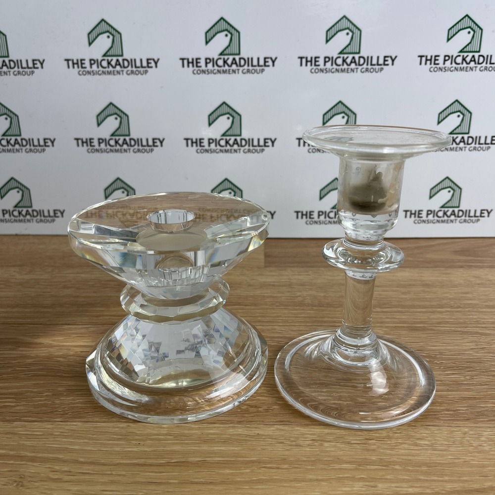 Mismatched Clear Glass Crystal Taper Candlestick Holders Set of 2 Faceted Smooth